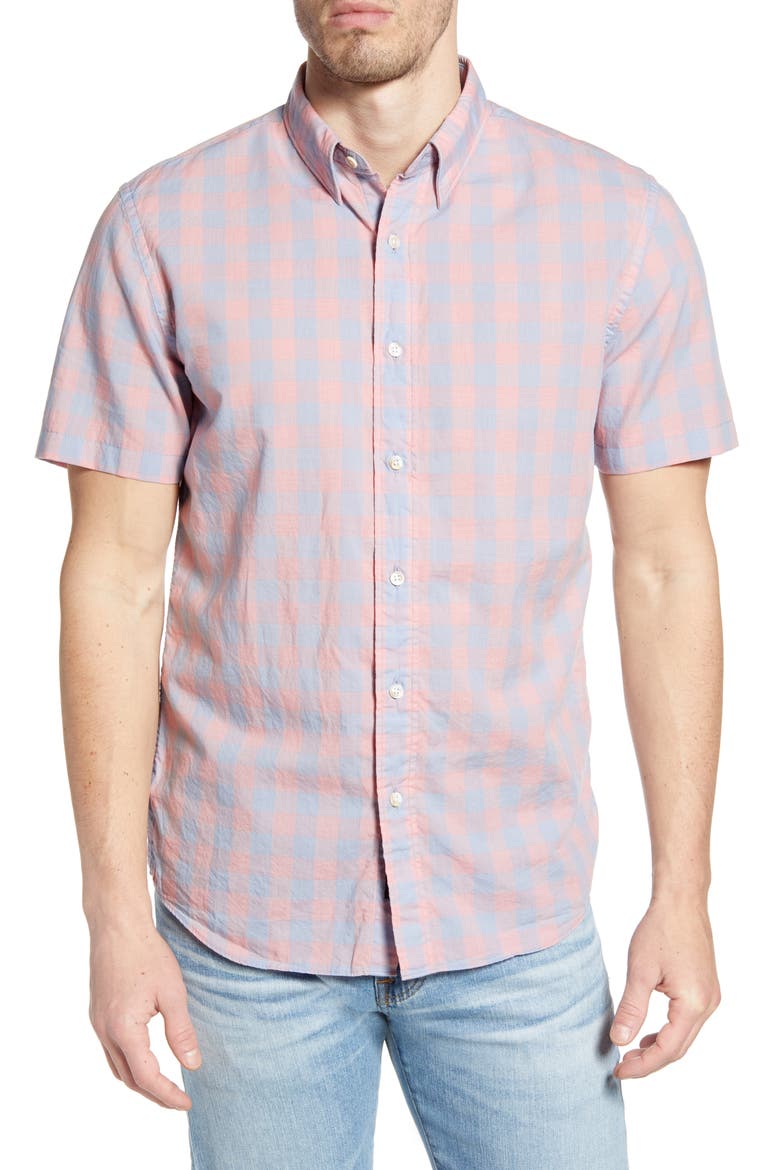 Movement Regular Fit Stretch Check Short Sleeve Button-Down Shirt, Main, color, BLUE/ ROSE CHECK