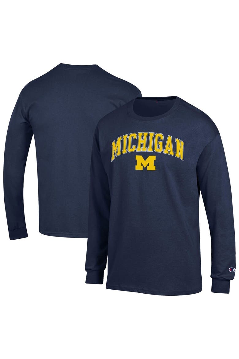 Men's Champion  Navy Michigan Wolverines Arch Over Logo 2-Hit Long Sleeve T-Shirt, Alternate, color, Navy