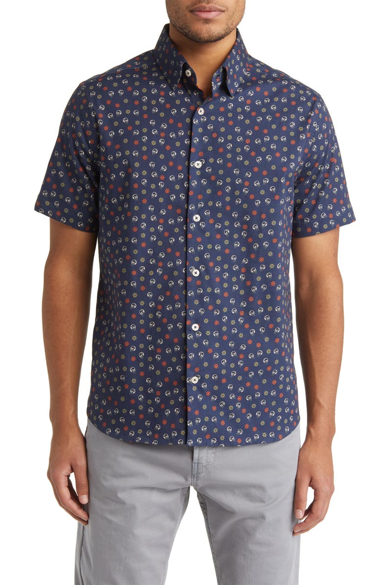 Stone Rose Floral & Skull Print Short Sleeve Stretch Cotton Button-Up Shirt, Main, color,