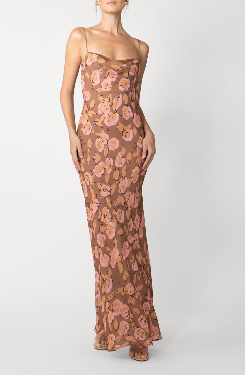 SAU LEE Gabi Floral Print Dress, Alternate, color, Mocha Multi