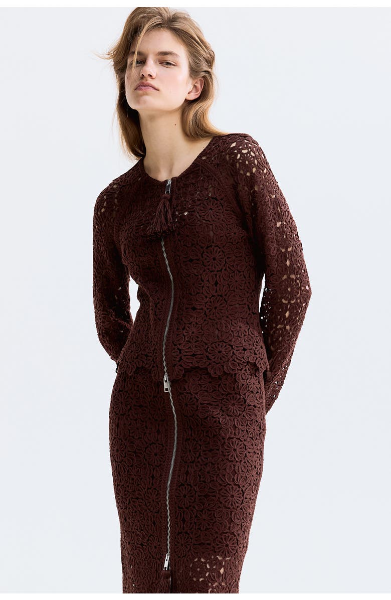 H&M Crochet-look Cardigan, Alternate, color, Dark Brown