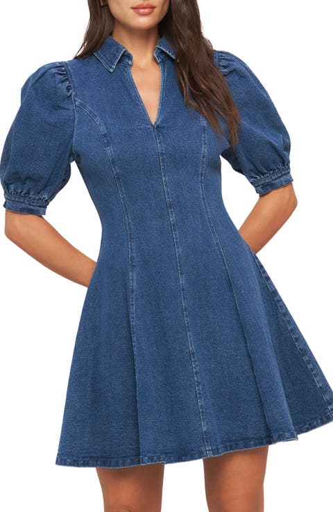 Puff Sleeve Fit & Flare Denim Minidress
