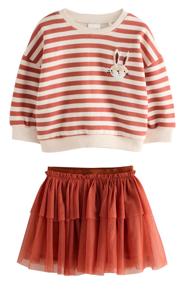 NEXT Kids' Stripe Sweatshirt & Tiered Skirt Set, Main, color, Orange