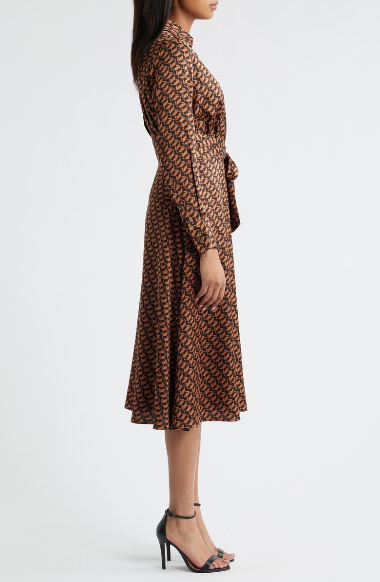 Tahari ASL Printed Long Sleeve Faux Wrap Matte Satin Shirtdress, Alternate, color, Tawny Chocolate