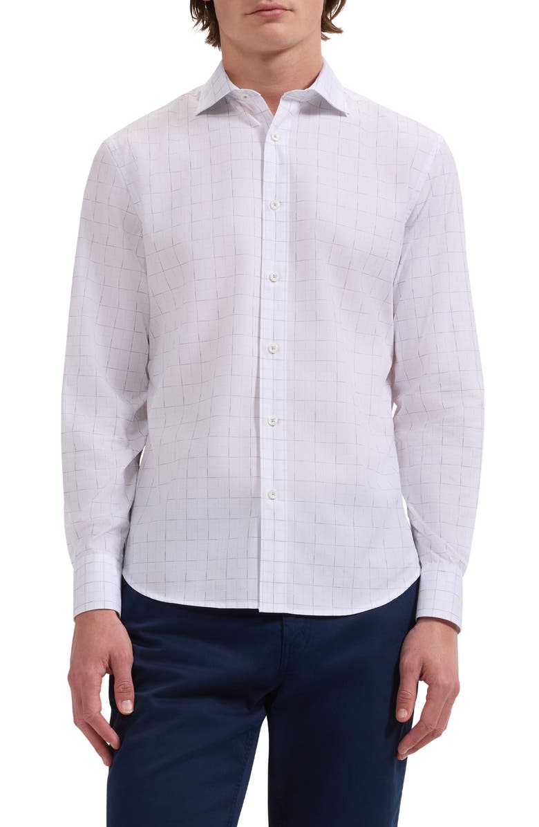 Bugatchi Axel Shaped Fit Check Button-Up Shirt, Main, color, White