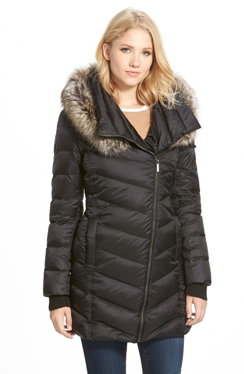 French Connection Asymmetrical Down Coat with Faux Fur Trim, Main, color,