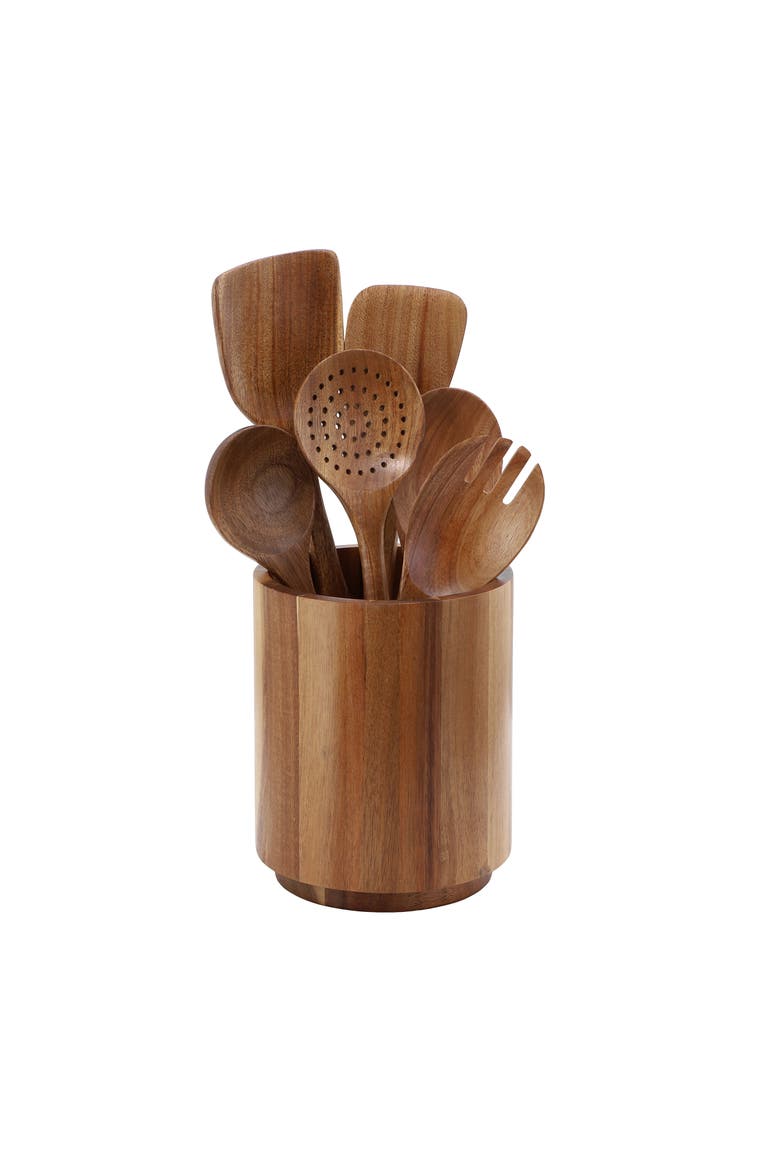 7 Piece Acacia Wood Kitchen Cooking Utensil Set, Main, color, Brown
