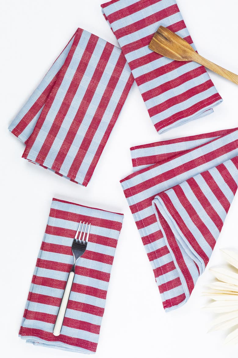 Handwoven Flora Cotton Napkins, Set of 4, Main, color, Red & Blue Stripe