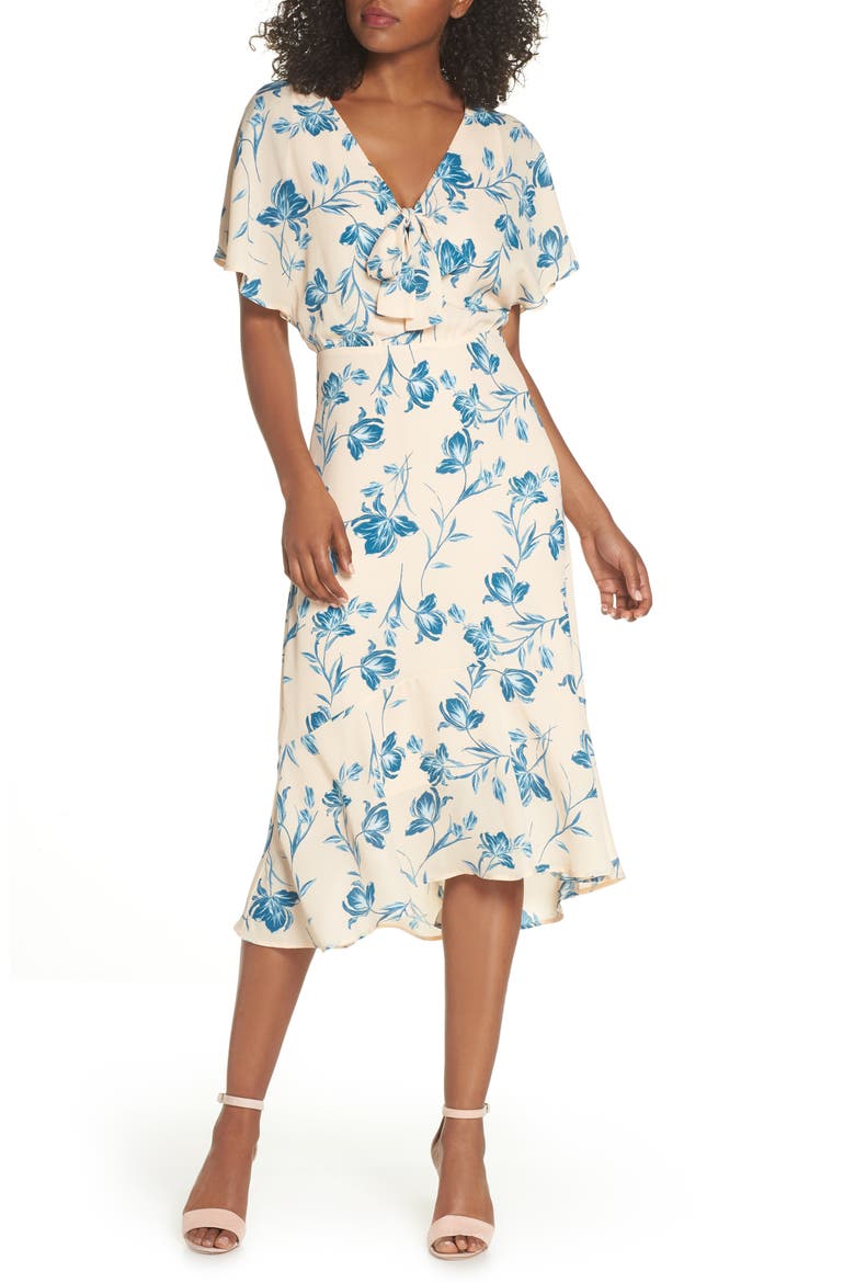 Tie Front V-Neck Dress, Alternate, color, PINK ROSECLOUD GARDENIAS