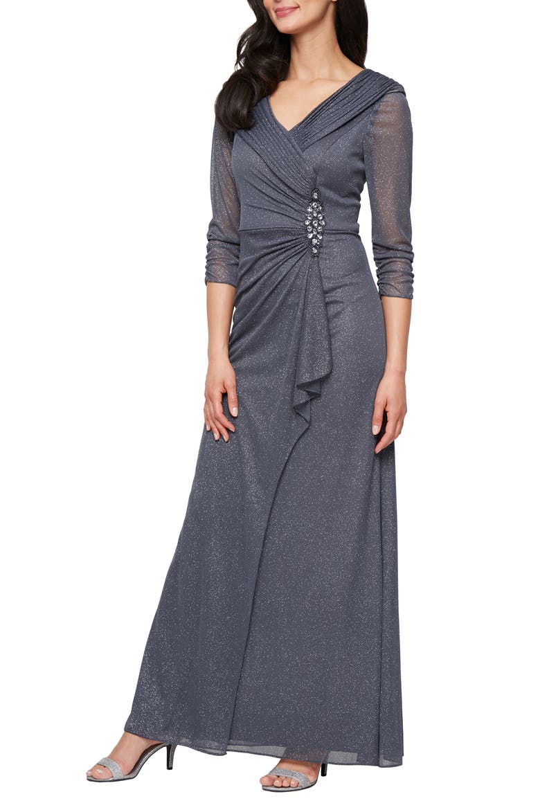 Glitter Portrait Collar Gown, Main, color, SMOKE
