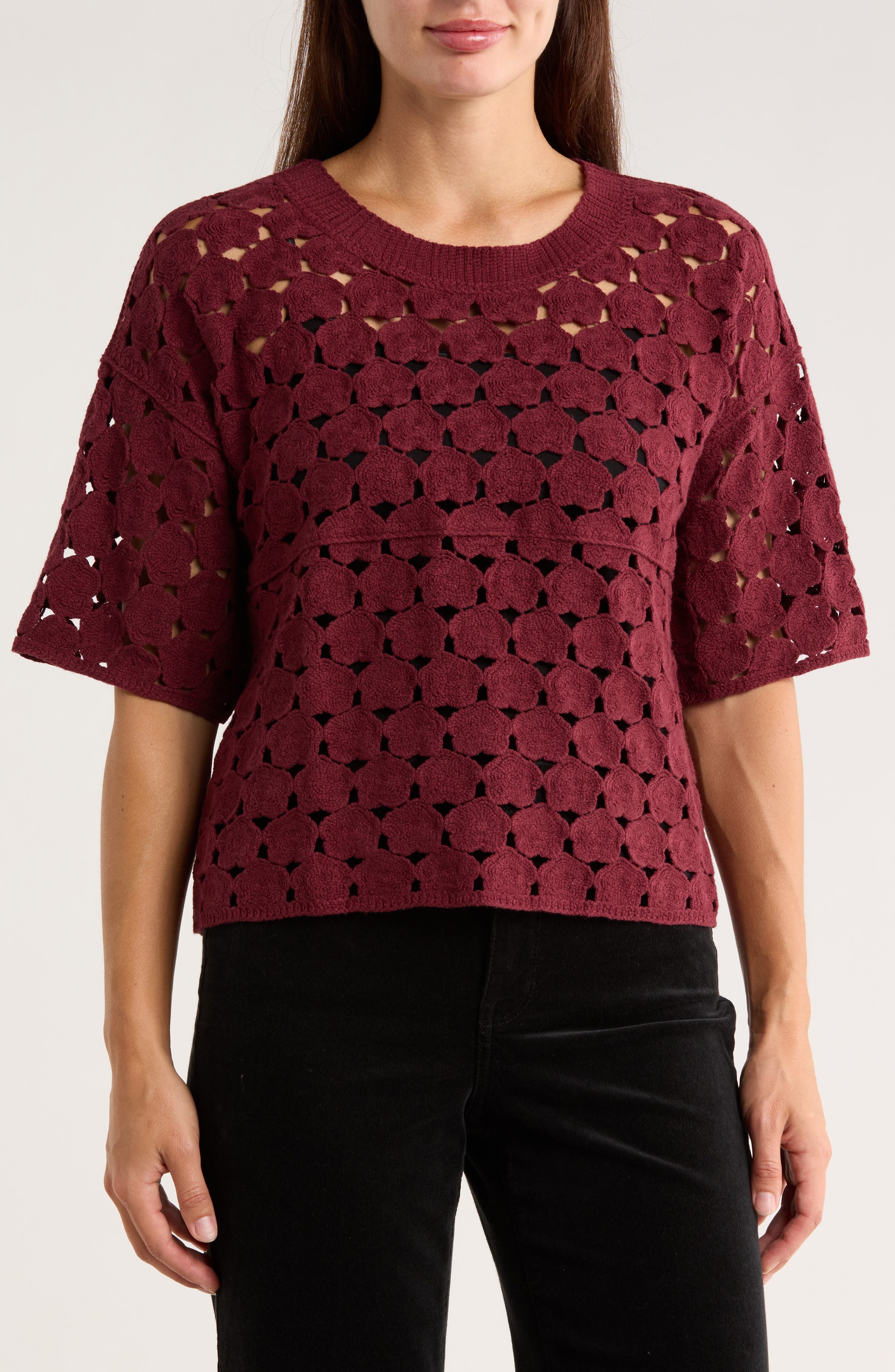 Bobeau Floral Crochet Short Sleeve Top