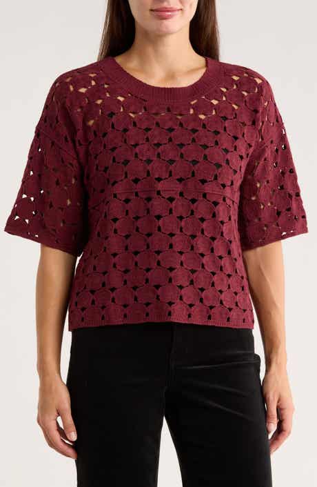 Bobeau Floral Crochet Short Sleeve Top