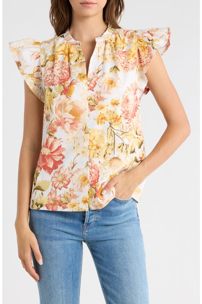 Zury Floral Everly Split Neck Stretch Cotton Top, Main, color, CORAL-MULTI
