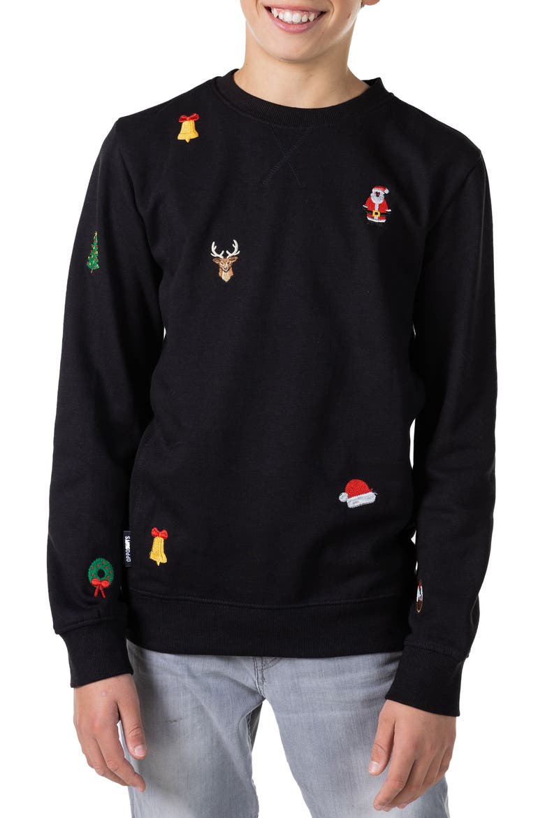 Kids' Deluxe Embroidered X-Mas Icons Sweater, Main, color, BLACK