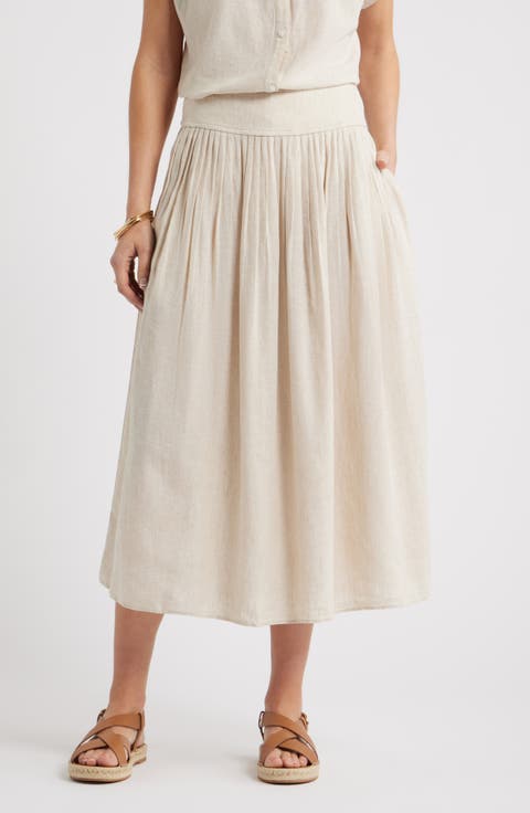 Pull-On Linen Blend Midi Skirt
