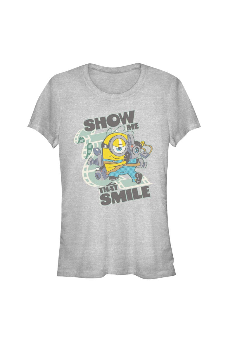 Junior's Minions & Monsters Smile At the Camera  Graphic T-Shirt, Main, color, Athletic Heather