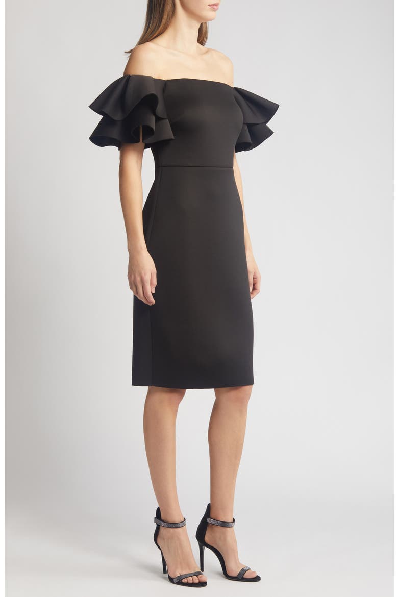Ruffled Off-the-Shoulder Cocktail Dress, Alternate, color, BLK
