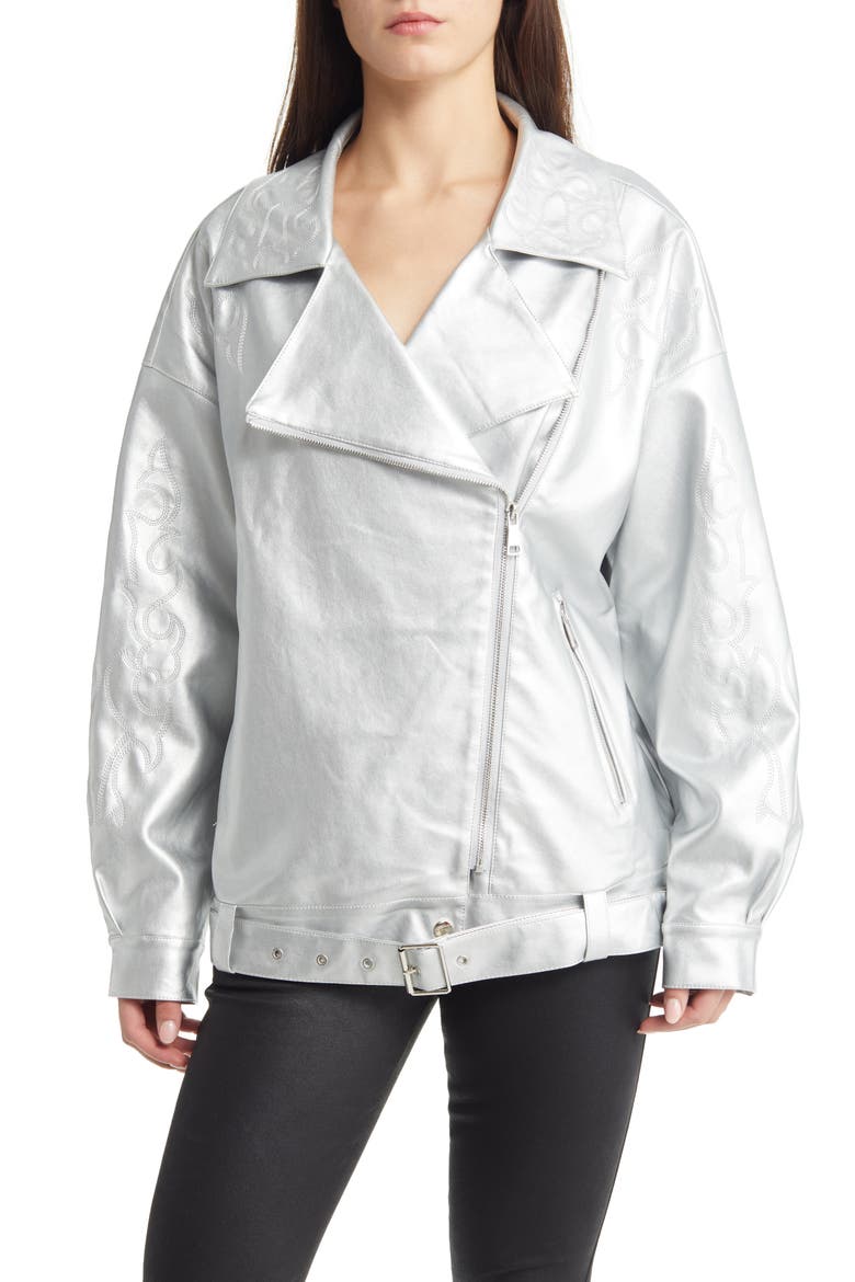 Metallic Faux Leather Moto Jacket, Alternate, color, SILVER