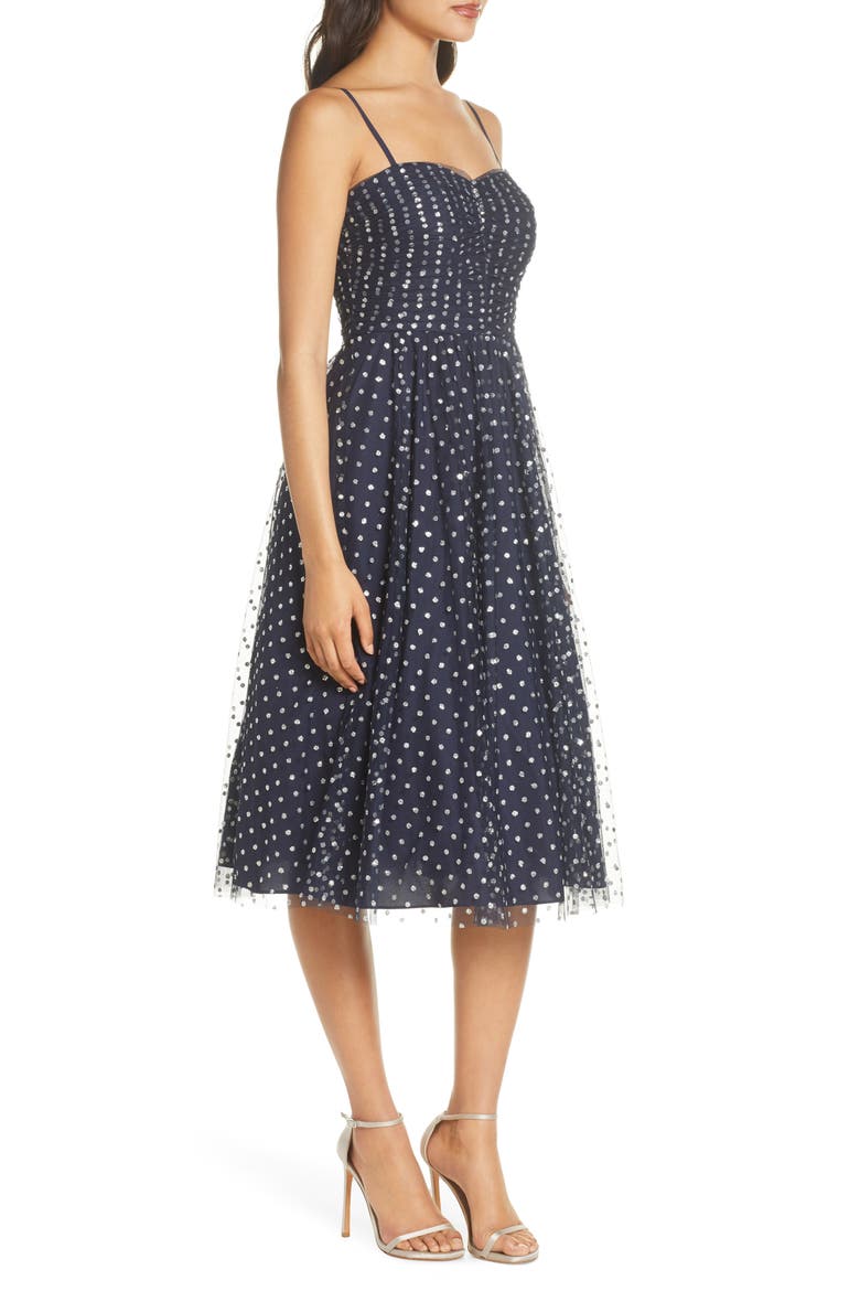 Glitter Mesh Fit & Flare Cocktail Dress, Alternate, color, NAVY