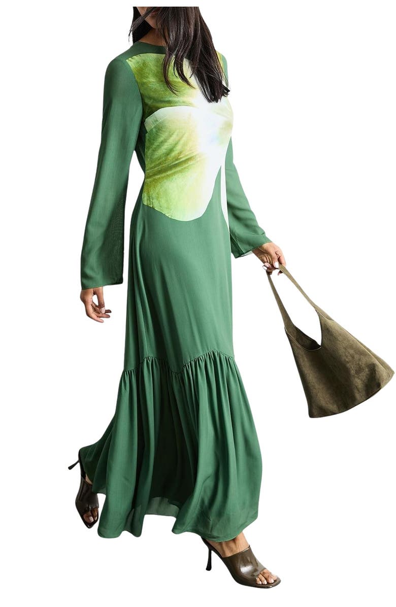 Warehouse Chiffon Placement Print Midaxi Dress, Alternate, color, Dark Green