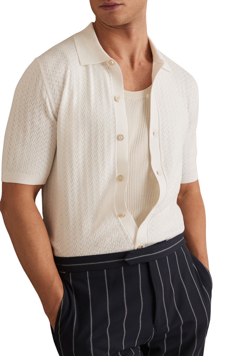 Reiss Thames Pointelle Knit Short Sleeve Button-Up Shirt, Main, color, White