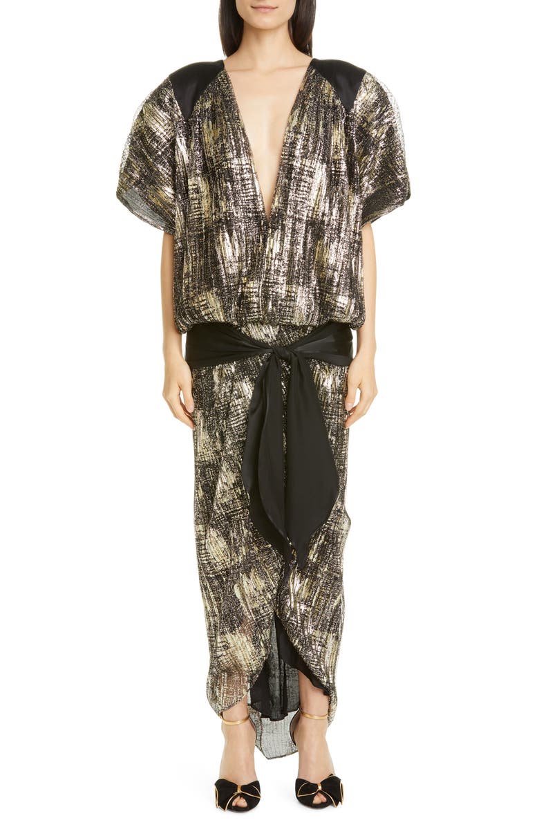 Rodarte Metallic Plissé Drop Waist Maxi Dress, Main, color,