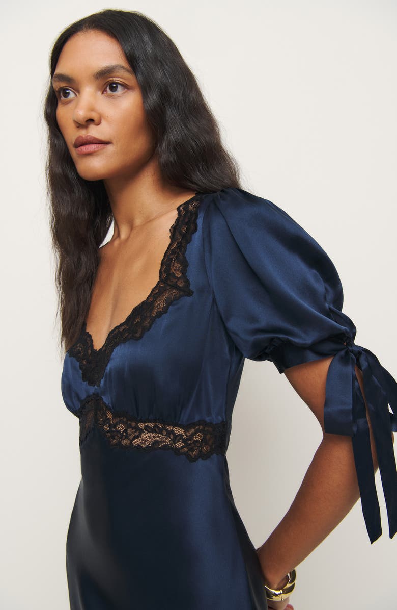 Reformation x Kacey Musgraves Stella Lace Trim Silk Midi Dress, Alternate, color, Navy