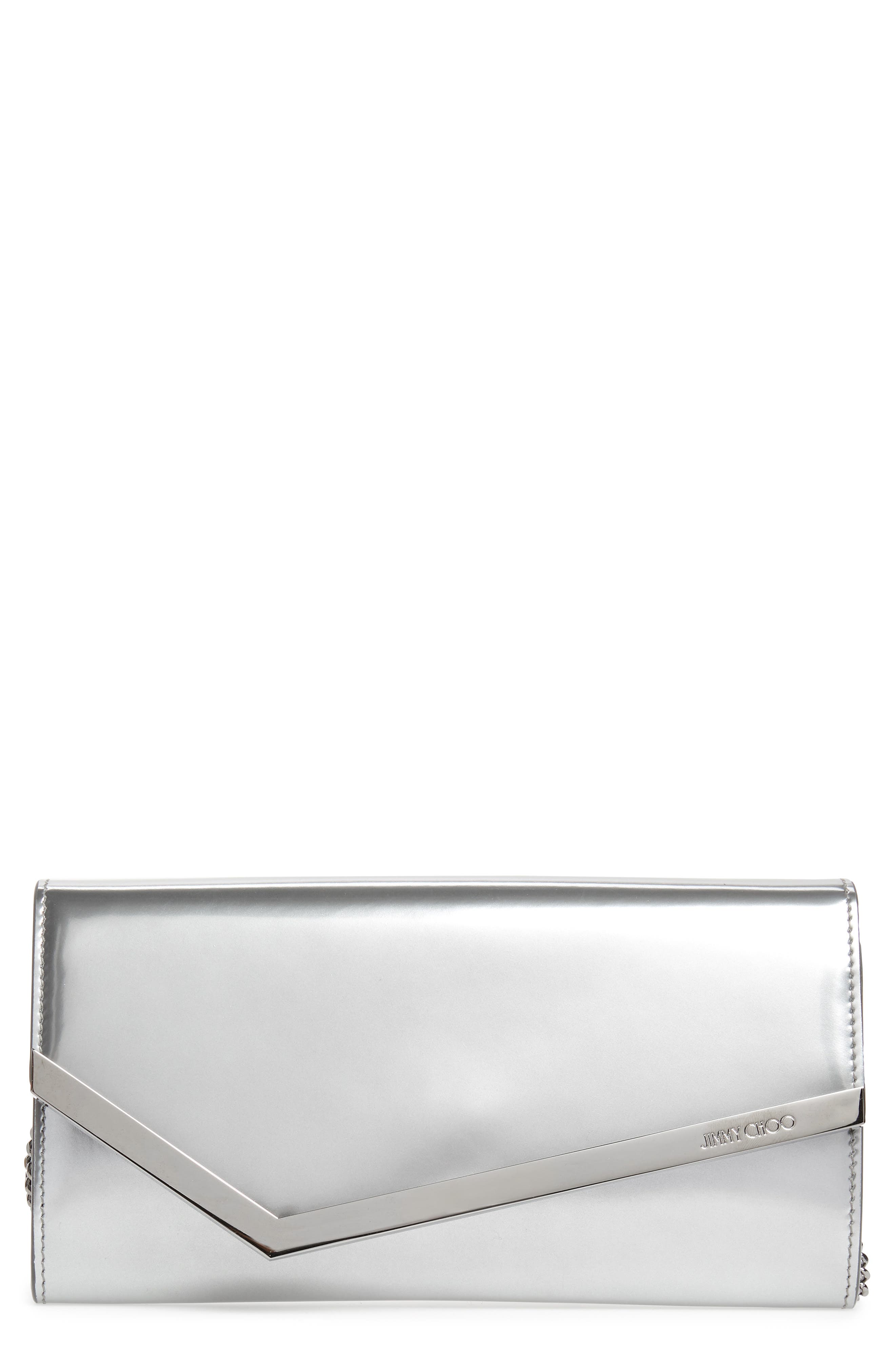 Jimmy Choo Emmie Metallic Leather Clutch, Main, color, 
