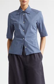 Jil Sander Pleated Collar Short Sleeve Cotton Button-Up Shirt