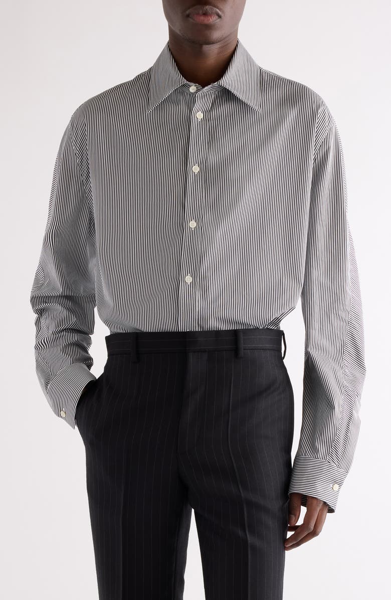 Givenchy Twisted Sleeve Stripe Cotton Overshirt, Main, color, White/ Black