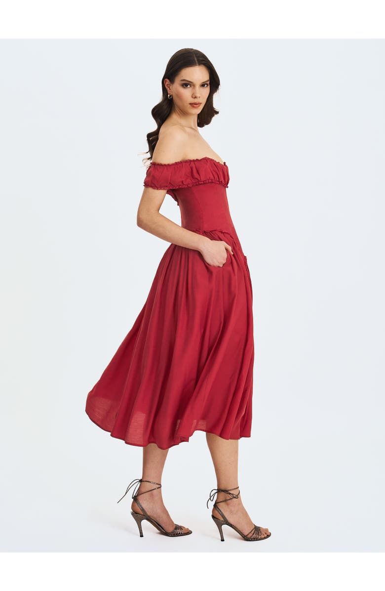 Miss Circle Xavy Drop Waist Off-Shoulder Corset Midi Dress, Alternate, color, Crimson