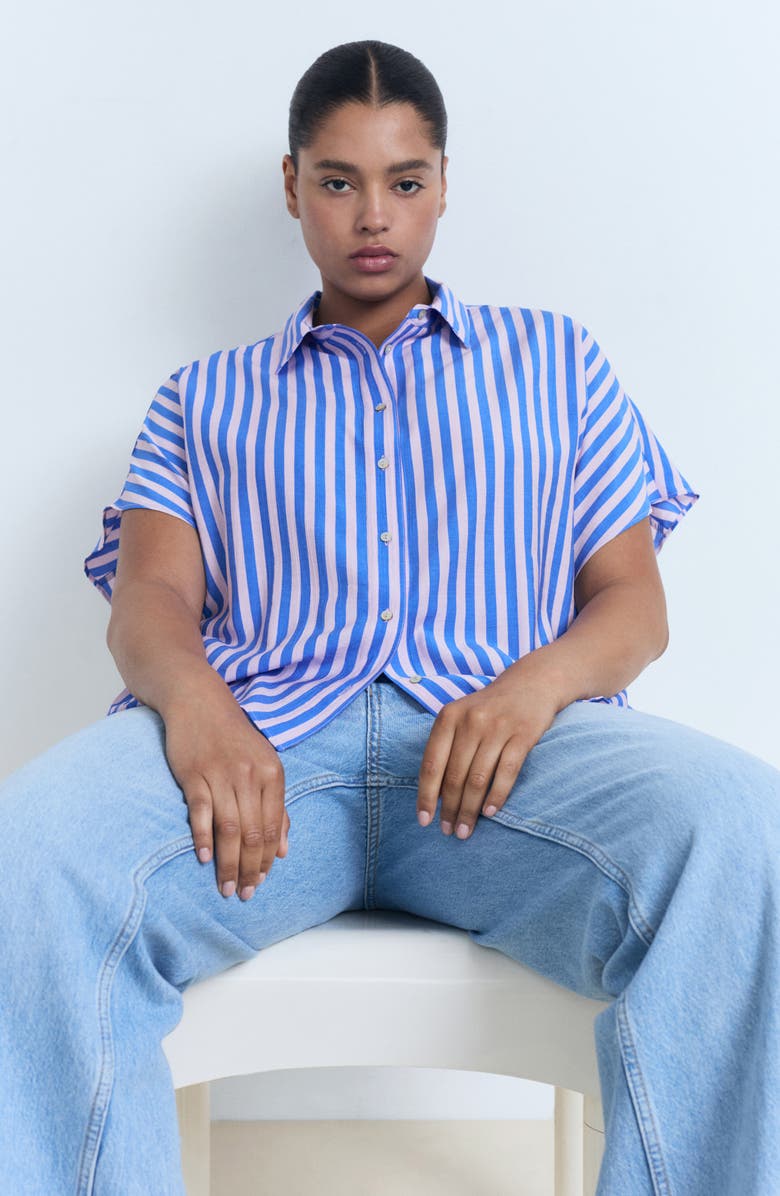 MANGO Stripe Short Sleeve Button-Up Shirt, Alternate, color, Blue