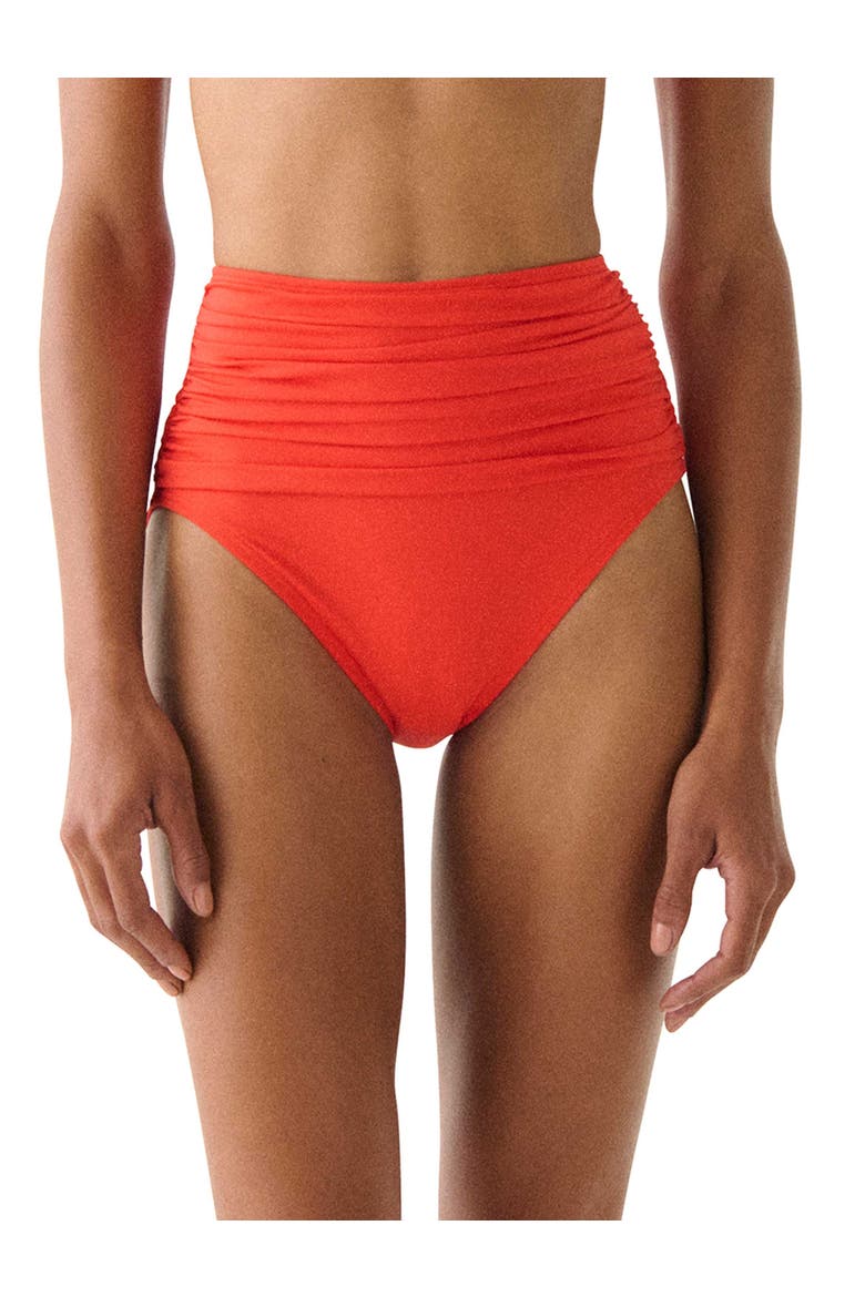 Shirred High Waist Bikini Swim Bottom, Main, color, Goji Berry