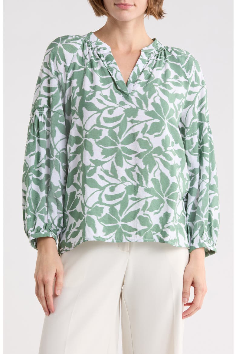 Long Sleeve Printed Popover Top, Main, color, WHITE- GREEN SUEZE FLORAL