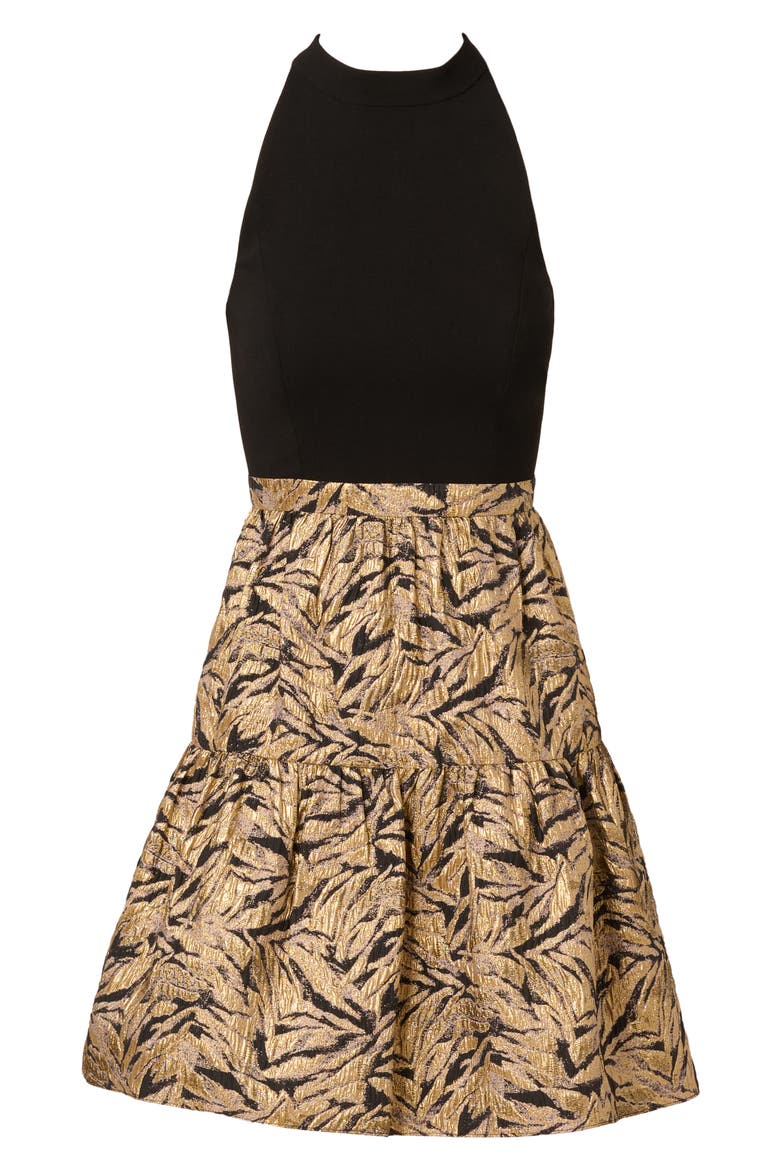 Mixed Media Metallic Fit & Flare Dress, Alternate, color, BLACK/ GOLD