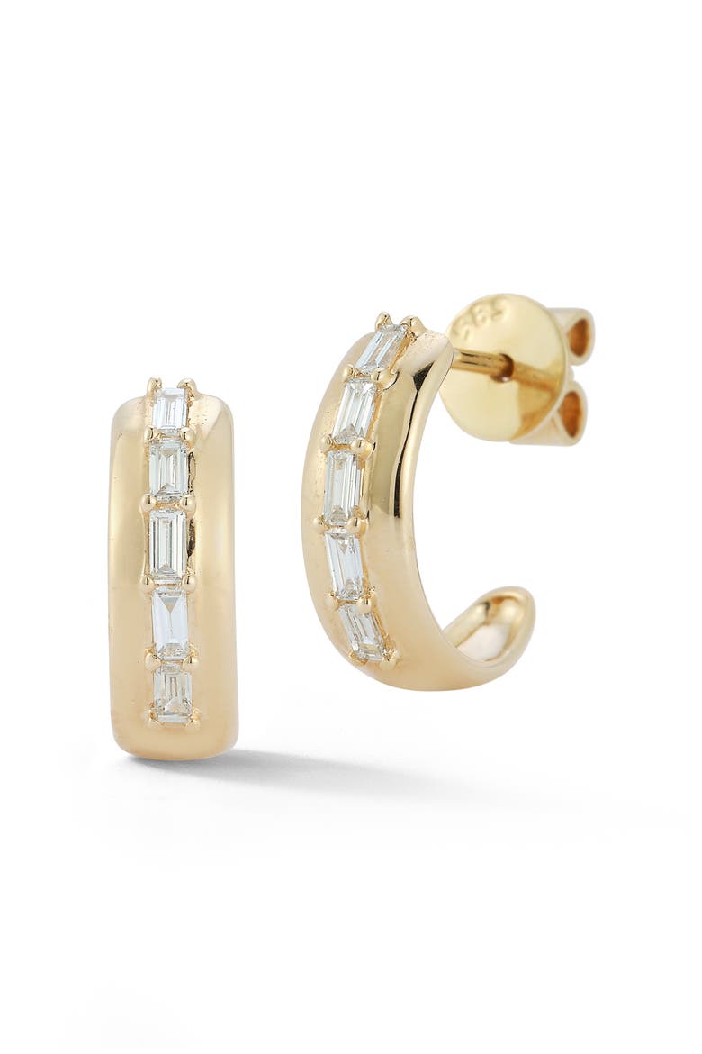 Sadie Pearl Baguette Diamond Medium Huggie Hoop Earrings, Main, color, YELLOW GOLD
