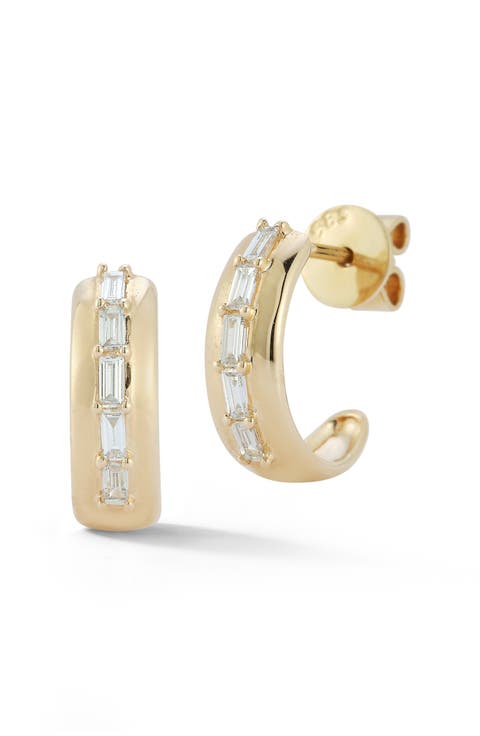 Sadie Pearl Baguette Diamond Medium Huggie Hoop Earrings