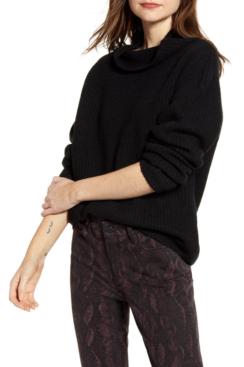 Rib Funnel Neck Sweater, Main, color, BLACK