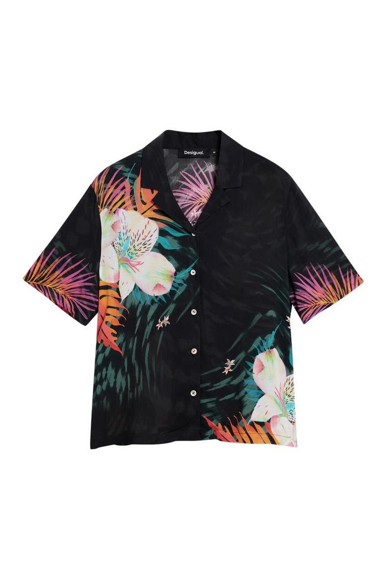 Tropical Floral Print Woven Shirt, Alternate, color, BLACK