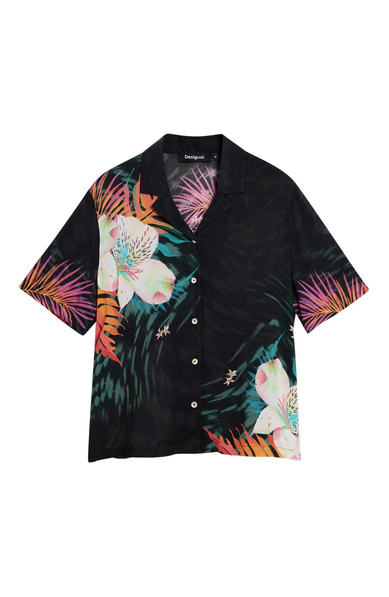 Desigual Tropical Floral Print Woven Shirt, Alternate, color, Black