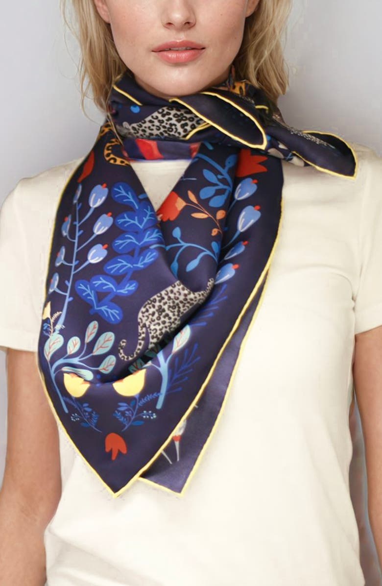 Jessie Zhao New York Double Sided Silk Scarf Of Amazon Rainforest Journey in Blue, Alternate, color, Blue