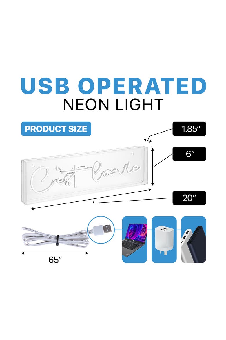 C'est La Vie 20" X 6" Contemporary Glam Acrylic Box USB Operated LED Neon Light, White, Alternate, color, White