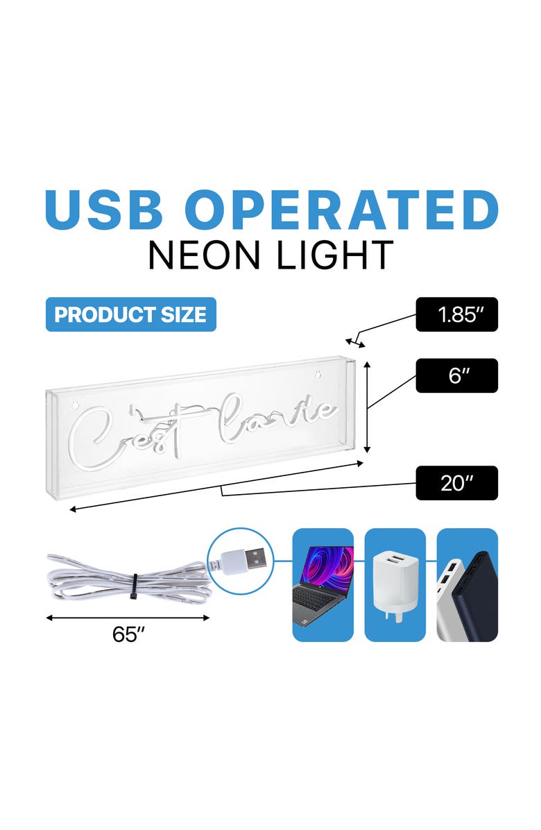 JONATHAN Y C'est La Vie 20" X 6" Contemporary Glam Acrylic Box USB Operated LED Neon Light, White, Alternate, color, White