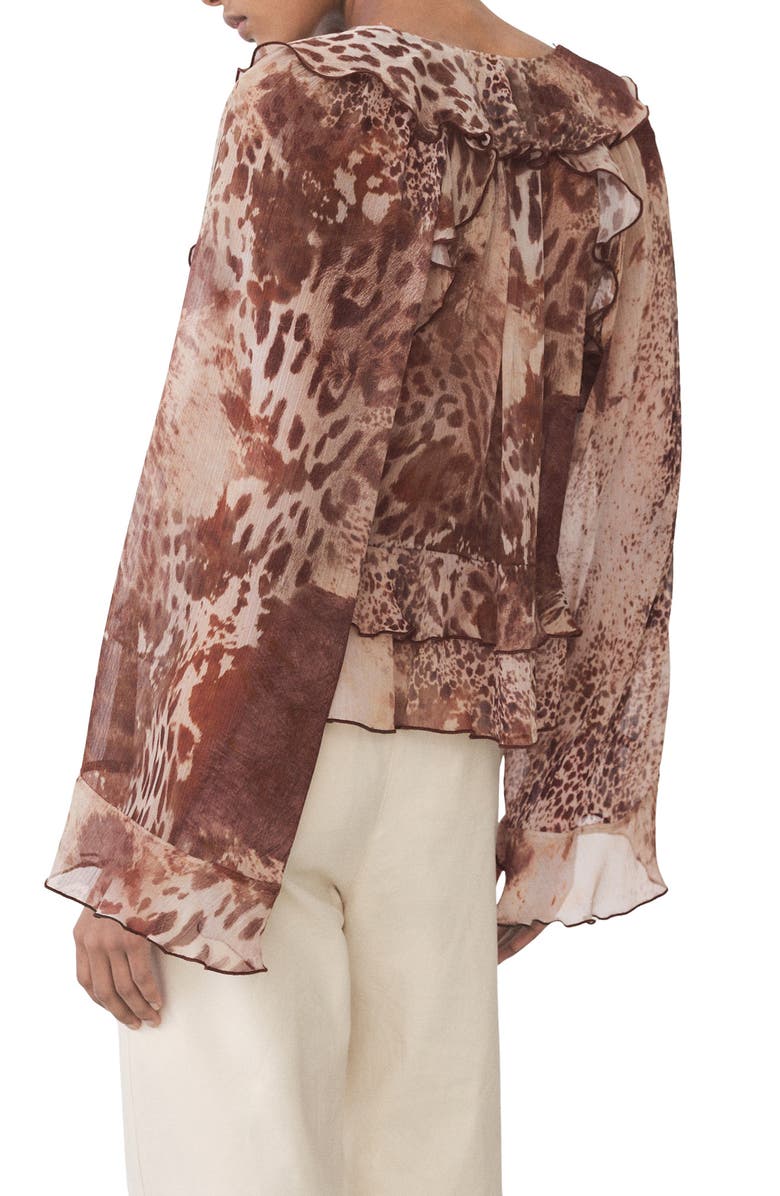 MANGO Print Ruffle Top, Alternate, color, Brown