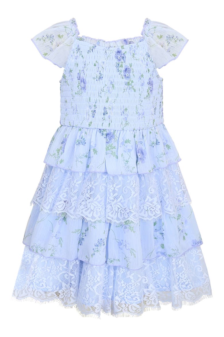 Kids' Floral Chiffon & Lace Tiered Dress, Main, color, BLUE
