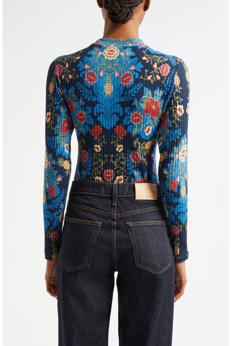 Arabesque Floral Mock Neck Cotton Rib Bodysuit, Alternate, color, ARABESQUE FLORAL BLUE