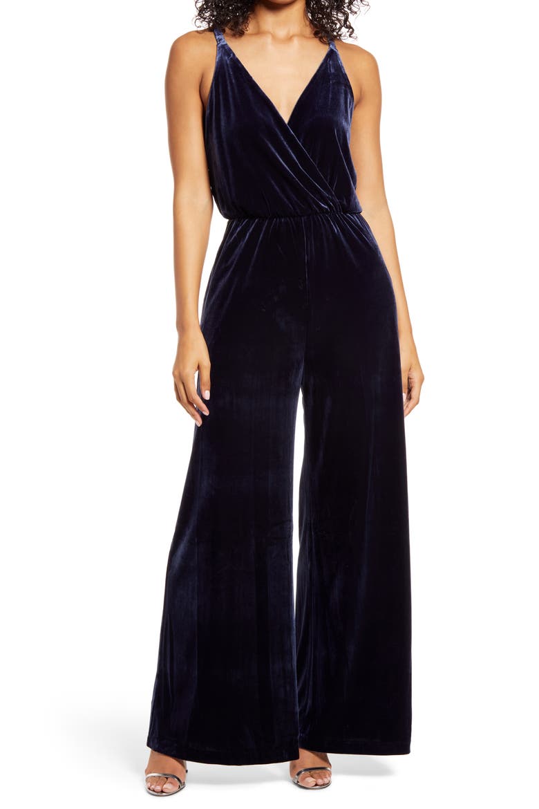 Sleeveless Velvet Jumpsuit, Main, color, NAVY