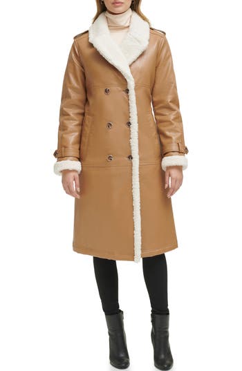 Kenneth Cole New York Faux Shearling & Faux Leather Trench Coat In Brown