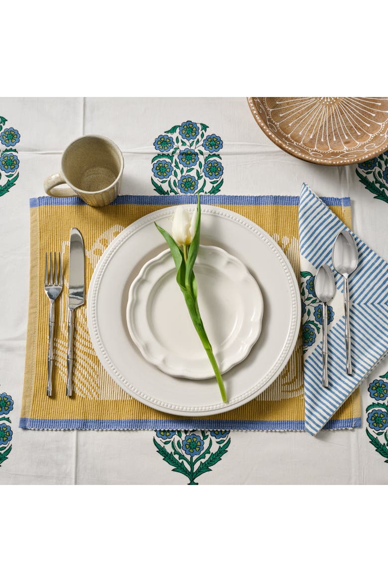 Devika Floral + Stripe Block Print Tablecloth, Alternate, color, Ivory