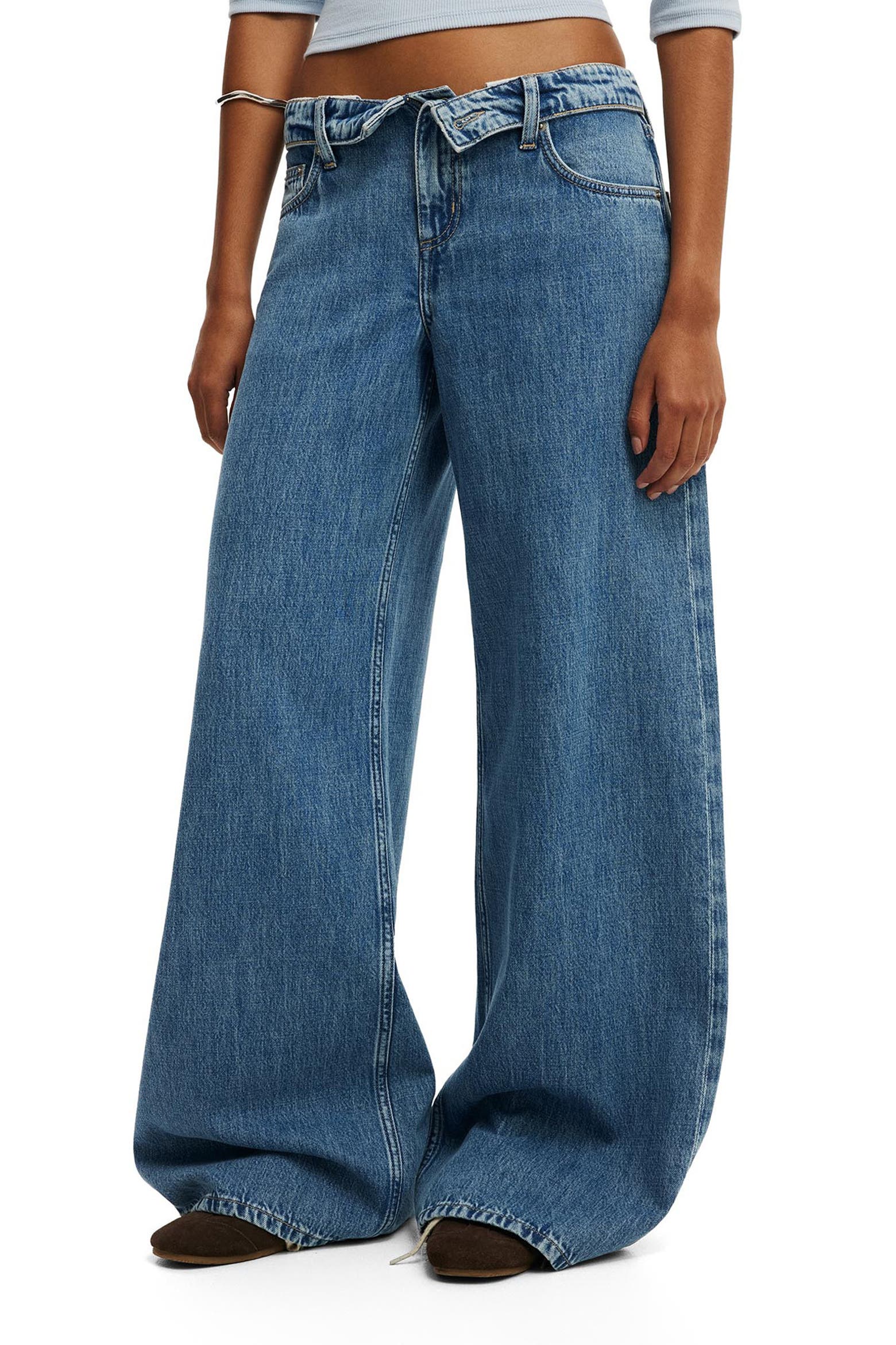 Low Rise Wide Leg Foldover Jeans